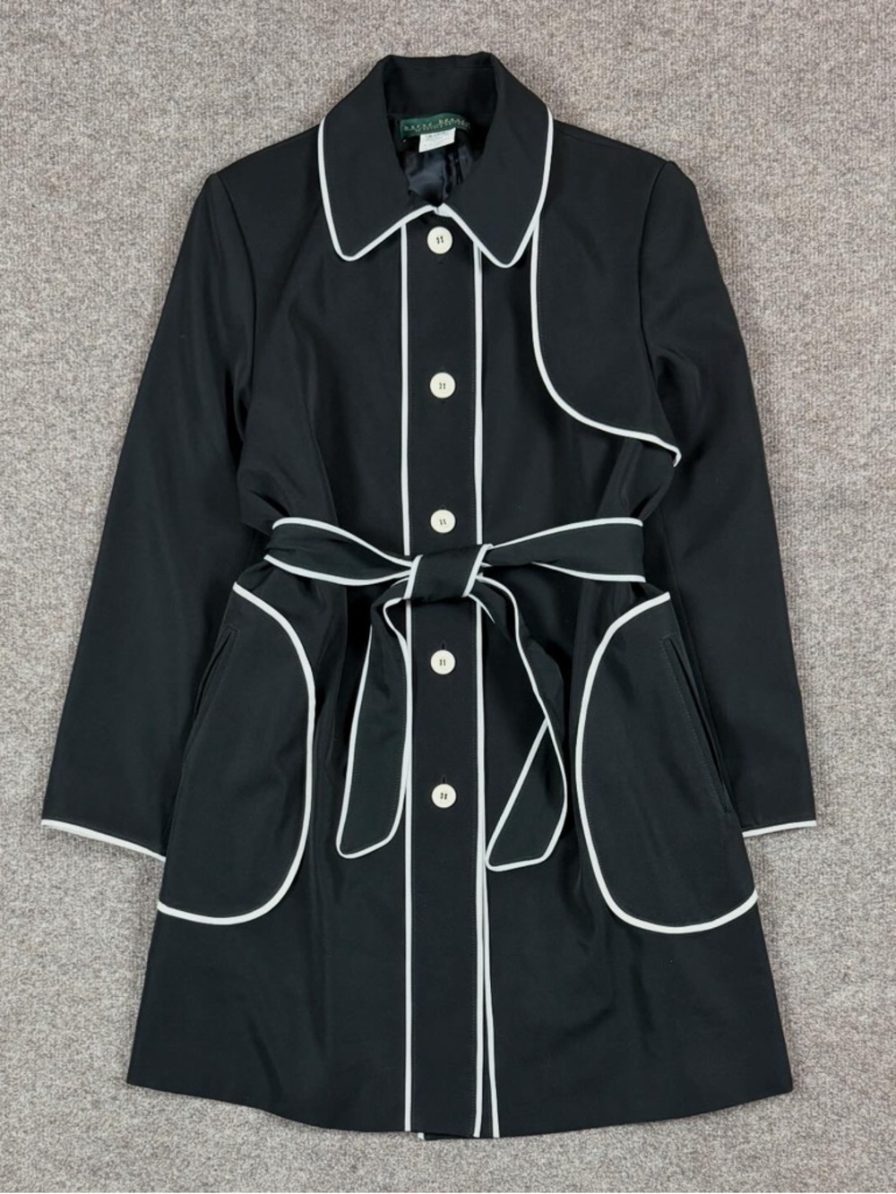 Vintage Harve Benard Black Belted Trench Coat Womens 12 Large Contrast Stitching